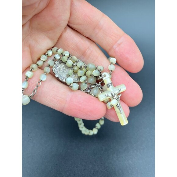 Vintage Mother of Pearl Rosary Catholic MOP Prayer Beads Saint Anthony - Picture 1 of 9